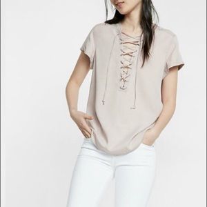 Express Pink Blush Lace up Short Sleeves Loose Fit  Shirt Blouse Top Siz…